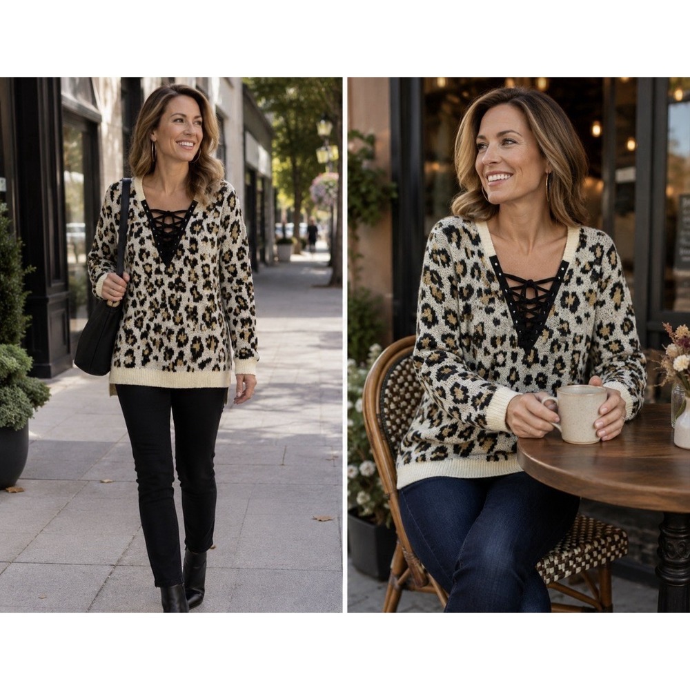 Love Tree Women Sz 2XL Leopard Print Lace Up V Neck Knit Sweater Mustard Black
